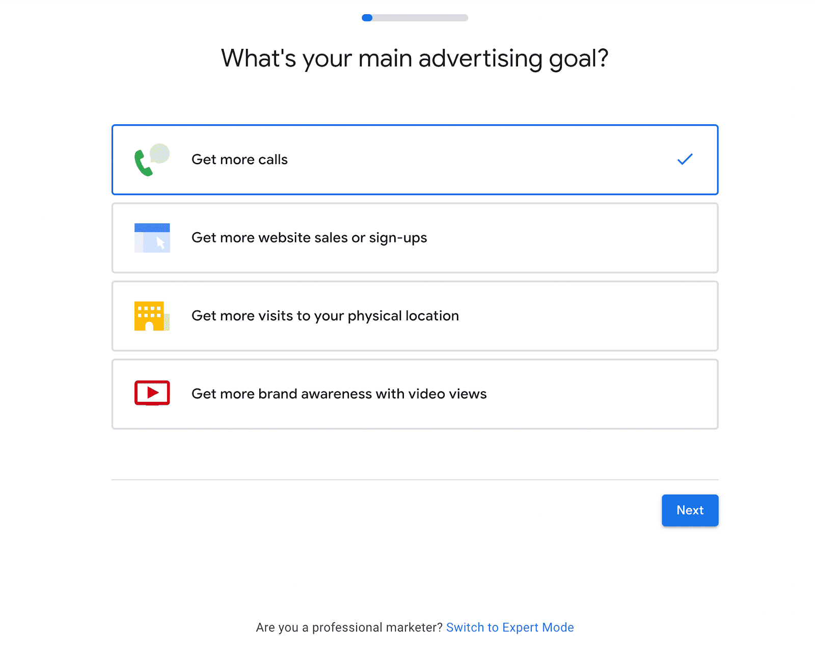 google ads selection screen